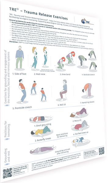 TRE™ visual guide showing the seven Trauma Release Exercises and neurogenic tremor positions